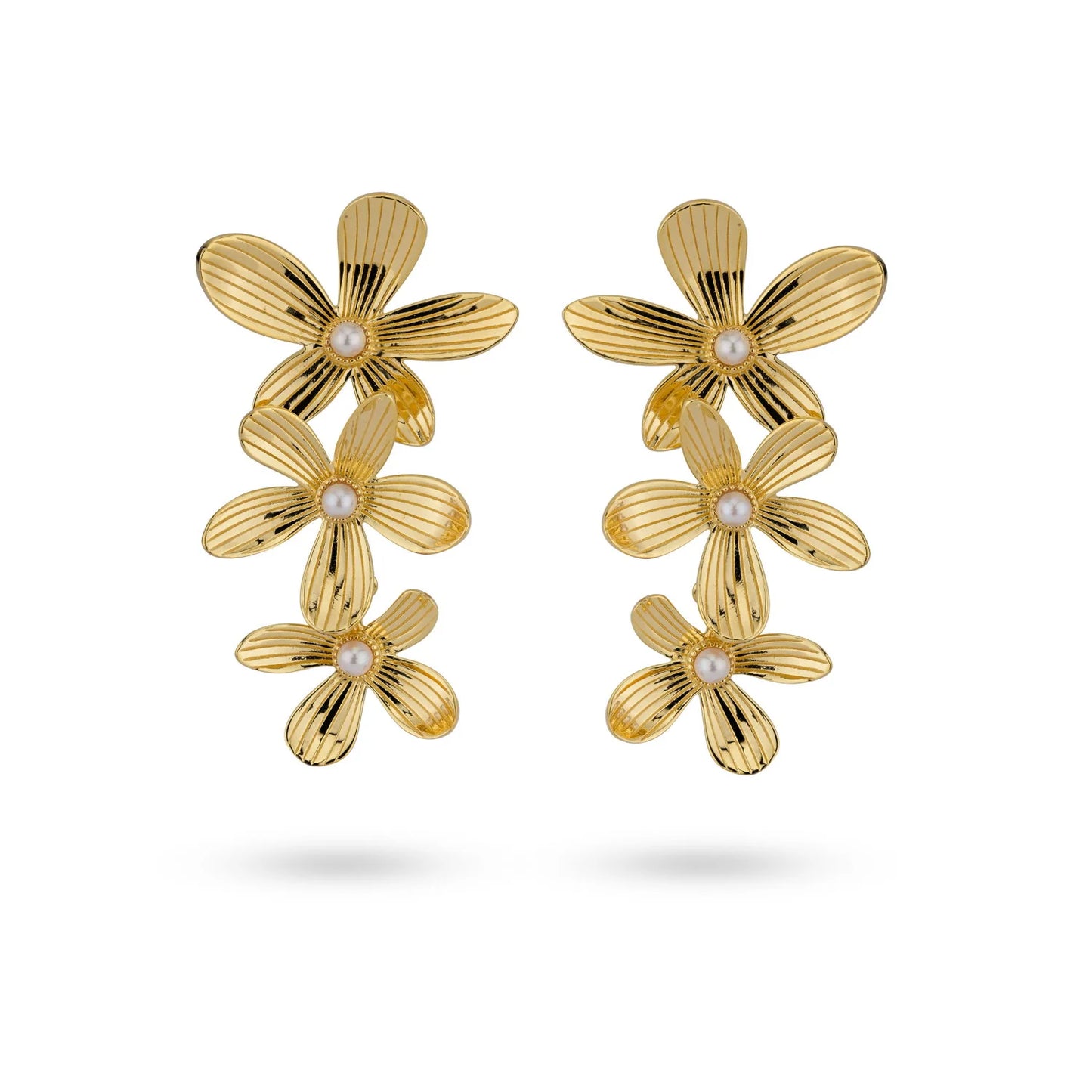 Sterling Silver Yellow Gold Plated Flower & Pearl Drop Earrings