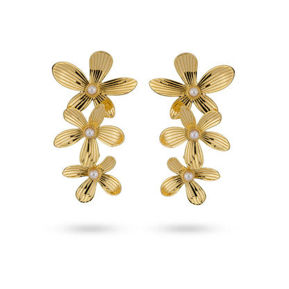 Sterling Silver Yellow Gold Plated Flower & Pearl Drop Earrings
