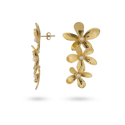 Sterling Silver Yellow Gold Plated Flower & Pearl Drop Earrings
