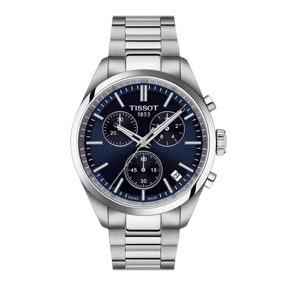 Tissot 40mm Silver Tone PR100, Blue Chronograph, Gents Bracelet Watch