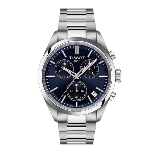 Tissot 40mm Silver Tone PR100, Blue Chronograph, Gents Bracelet Watch
