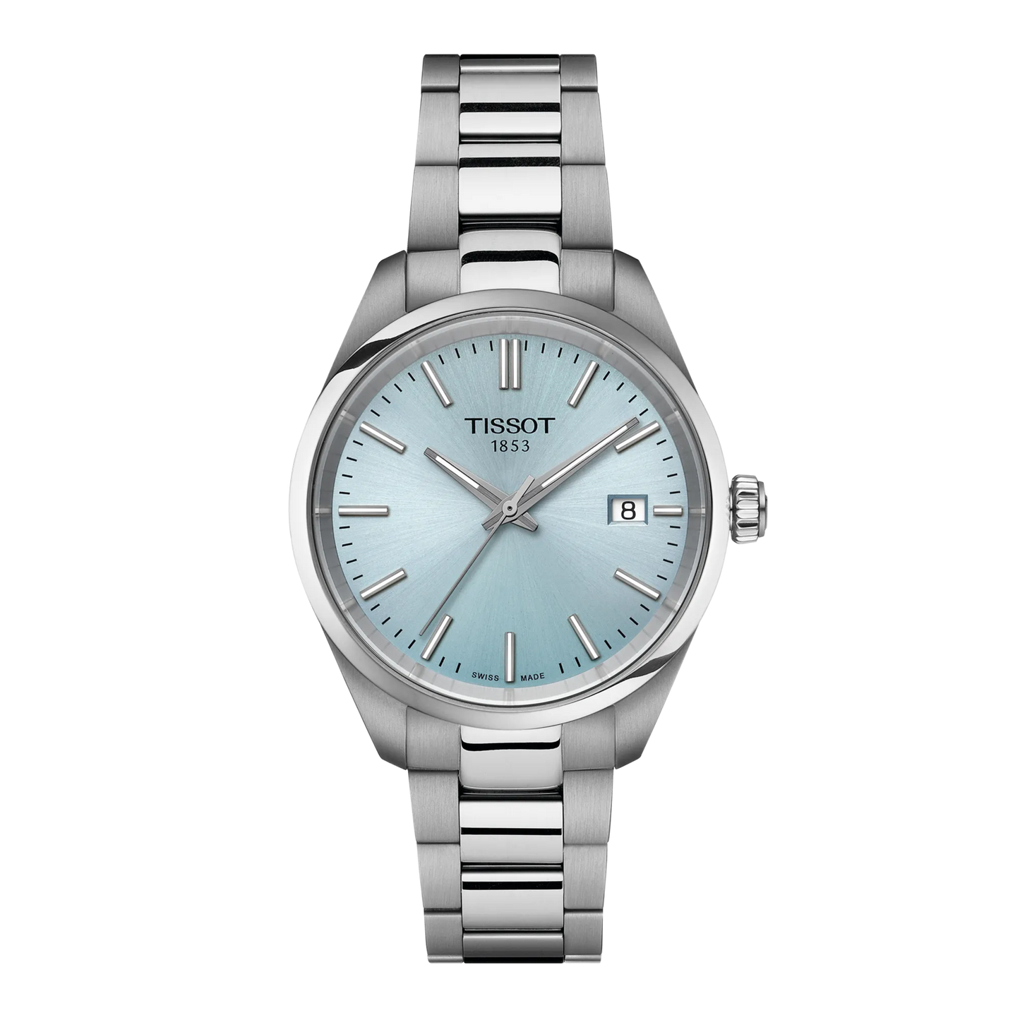 Tissot 34mm Silver PR100, Ice Blue & Date Dial, Ladies Bracelet Watch