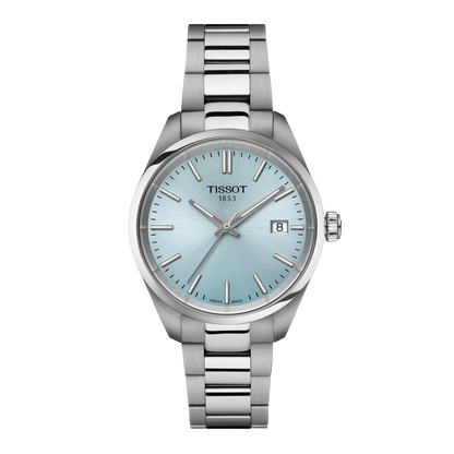 Tissot 34mm Silver PR100, Ice Blue & Date Dial, Ladies Bracelet Watch