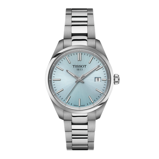 Tissot 34mm Silver PR100, Ice Blue & Date Dial, Ladies Bracelet Watch