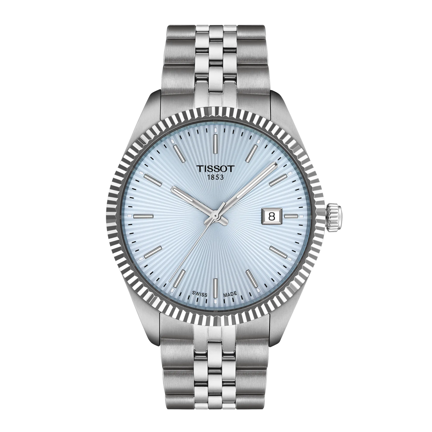 Tissot 40mm Silver Ballade, Ice Blue Fluted Dial & Bezel, Ladies Bracelet Watch
