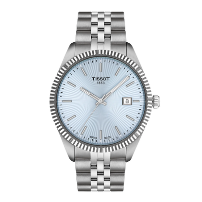 Tissot 40mm Silver Ballade, Ice Blue Fluted Dial & Bezel, Ladies Bracelet Watch