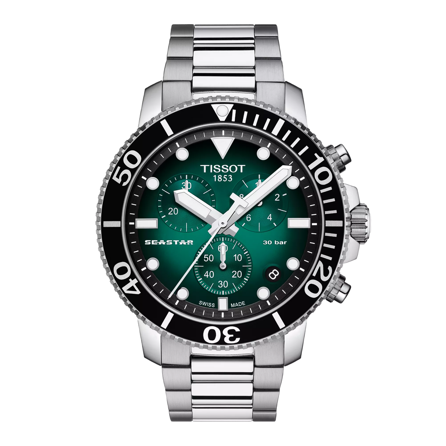 Tissot 45.5mm Seastar 1000, Green Diver Chronograph, Gents Bracelet Watch