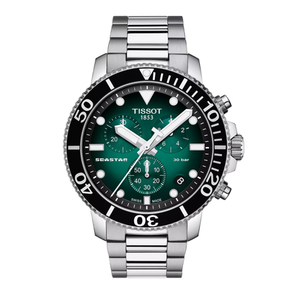 Tissot 45.5mm Seastar 1000, Green Diver Chronograph, Gents Bracelet Watch