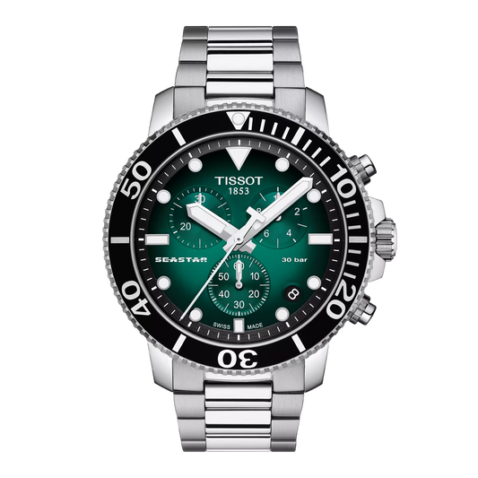 Tissot 45.5mm Seastar 1000, Green Diver Chronograph, Gents Bracelet Watch