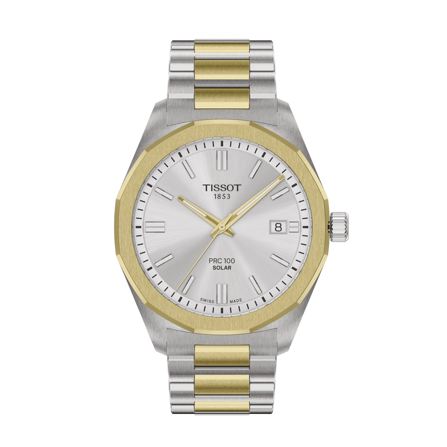 Tissot 39mm PRC 100 Solar, Yellow Gold PVD & Silver with Date Dial, Bracelet Watch