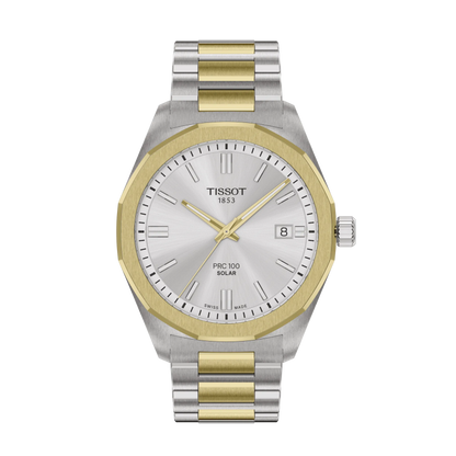 Tissot 39mm PRC 100 Solar, Yellow Gold PVD & Silver with Date Dial, Bracelet Watch