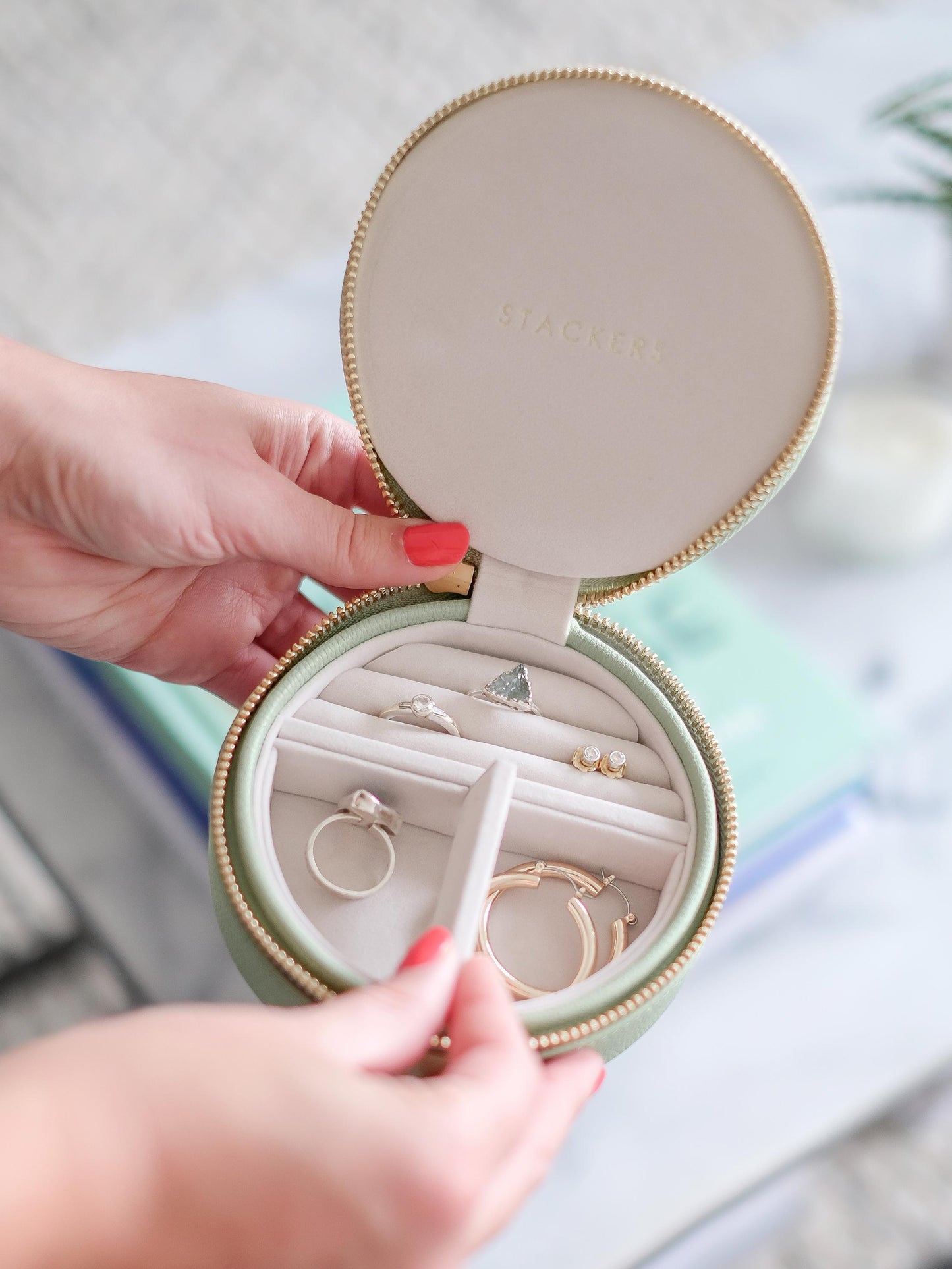 Stackers Sage Green Round Zipped Travel Jewellery Box