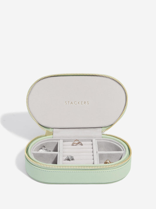 Stackers Sage Green Oval Zipped Travel Jewellery Box