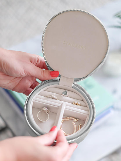 Stackers Pebble Grey Round Zipped Travel Jewellery Box