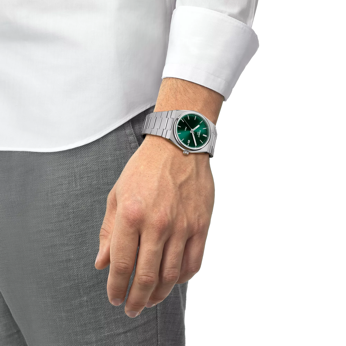 Tissot 40mm Silver Tone PRX, Green & Date Dial, Gents Bracelet Watch