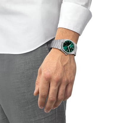 Tissot 40mm Silver Tone PRX, Green & Date Dial, Gents Bracelet Watch