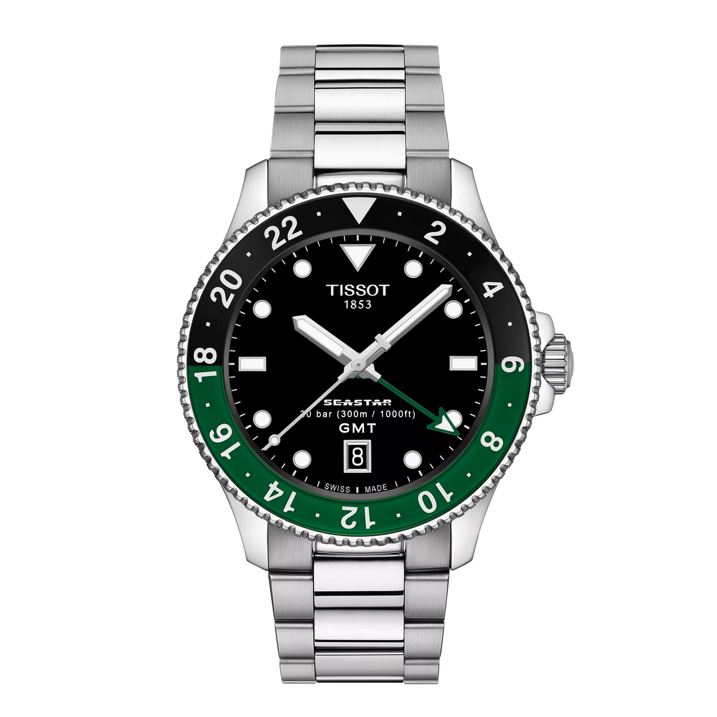 Tissot 40mm Silver Seastar 1000, Black & Green GMT Diver, Gents Bracelet Watch