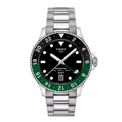 Tissot 40mm Silver Seastar 1000, Black & Green GMT Diver, Gents Bracelet Watch