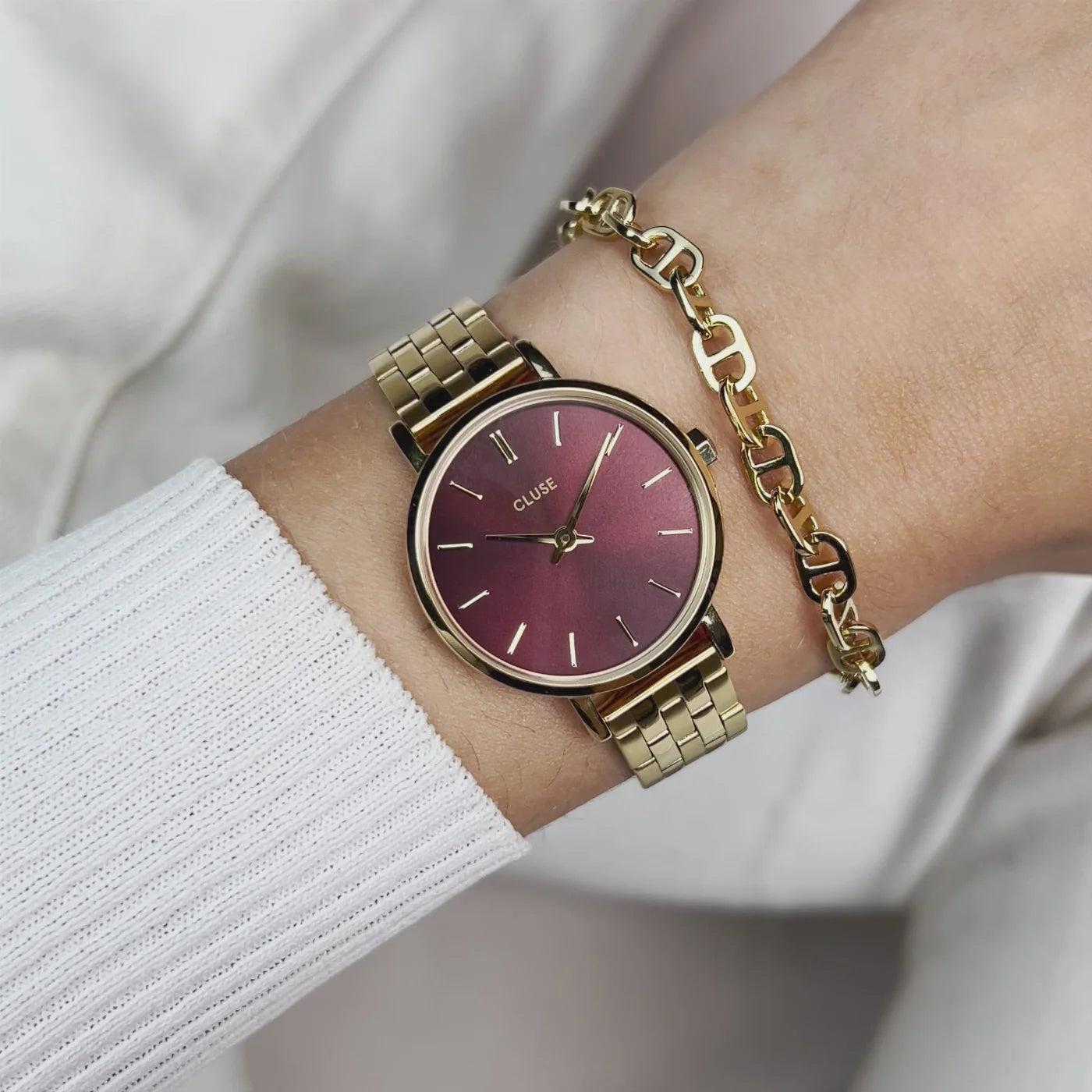 Cluse 28mm Boho Chic Petite Yellow Gold and Burgundy Colour Bracelet Watch