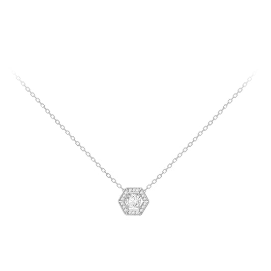 Sterling Silver Rhodium Plated Round White CZ Halo Hexagon Necklace