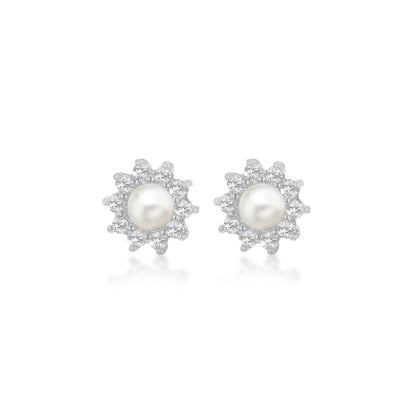 Sterling Silver 11mm Cluster CZ & Pearl Stud Earrings