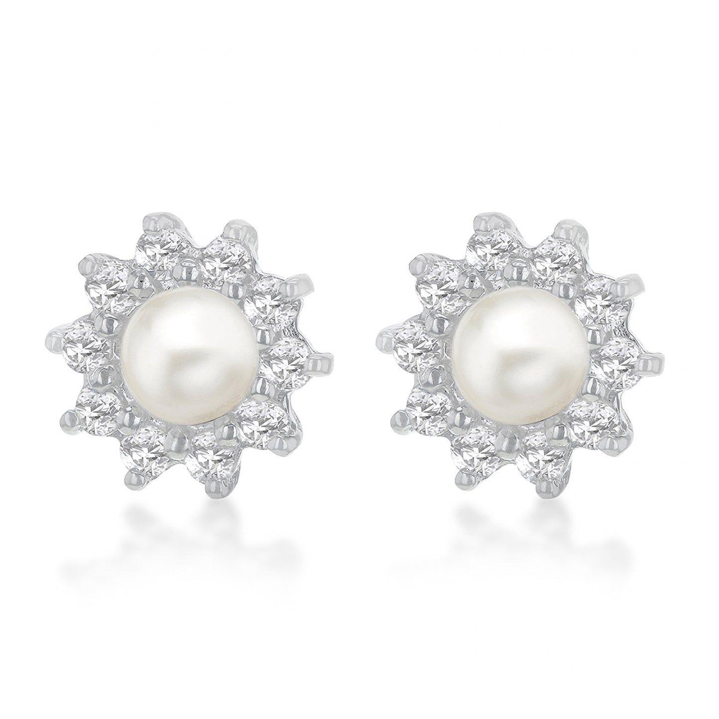 Sterling Silver 11mm Cluster CZ & Pearl Stud Earrings