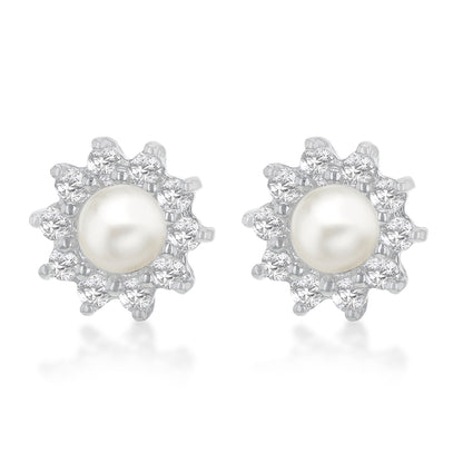 Sterling Silver 11mm Cluster CZ & Pearl Stud Earrings