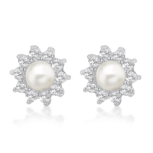 Sterling Silver 11mm Cluster CZ & Pearl Stud Earrings