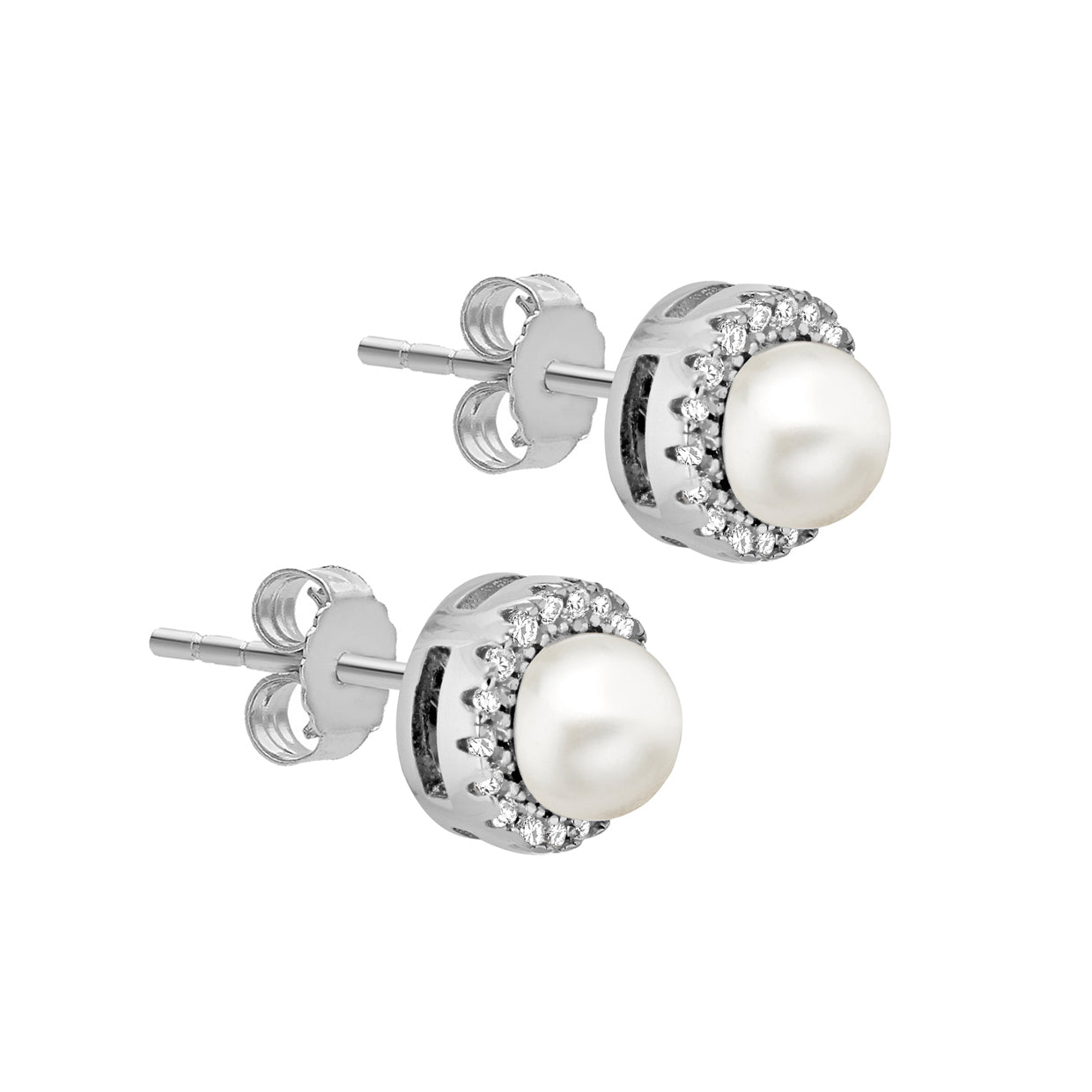 Sterling Silver 8mm Halo CZ & Pearl Stud Earrings