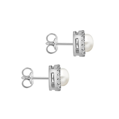 Sterling Silver 8mm Halo CZ & Pearl Stud Earrings