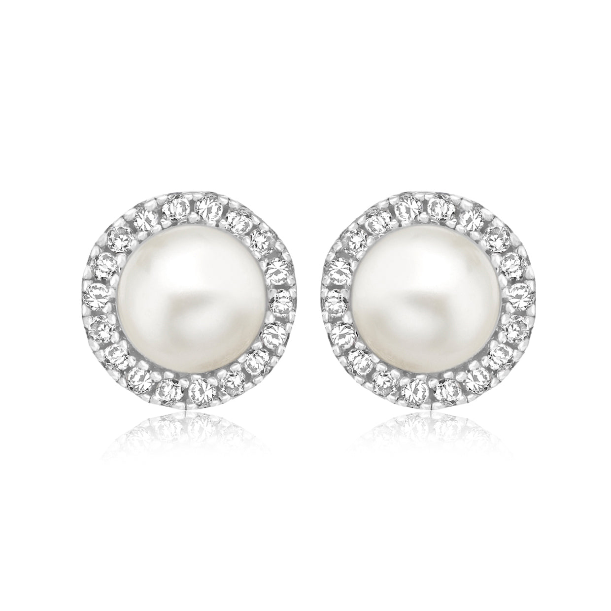 Sterling Silver 8mm Halo CZ & Pearl Stud Earrings