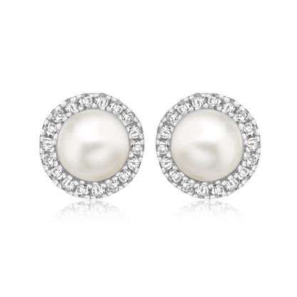 Sterling Silver 8mm Halo CZ & Pearl Stud Earrings