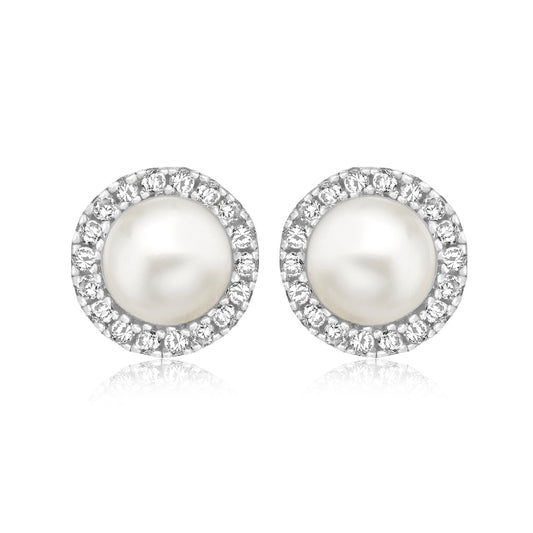 Sterling Silver 8mm Halo CZ & Pearl Stud Earrings