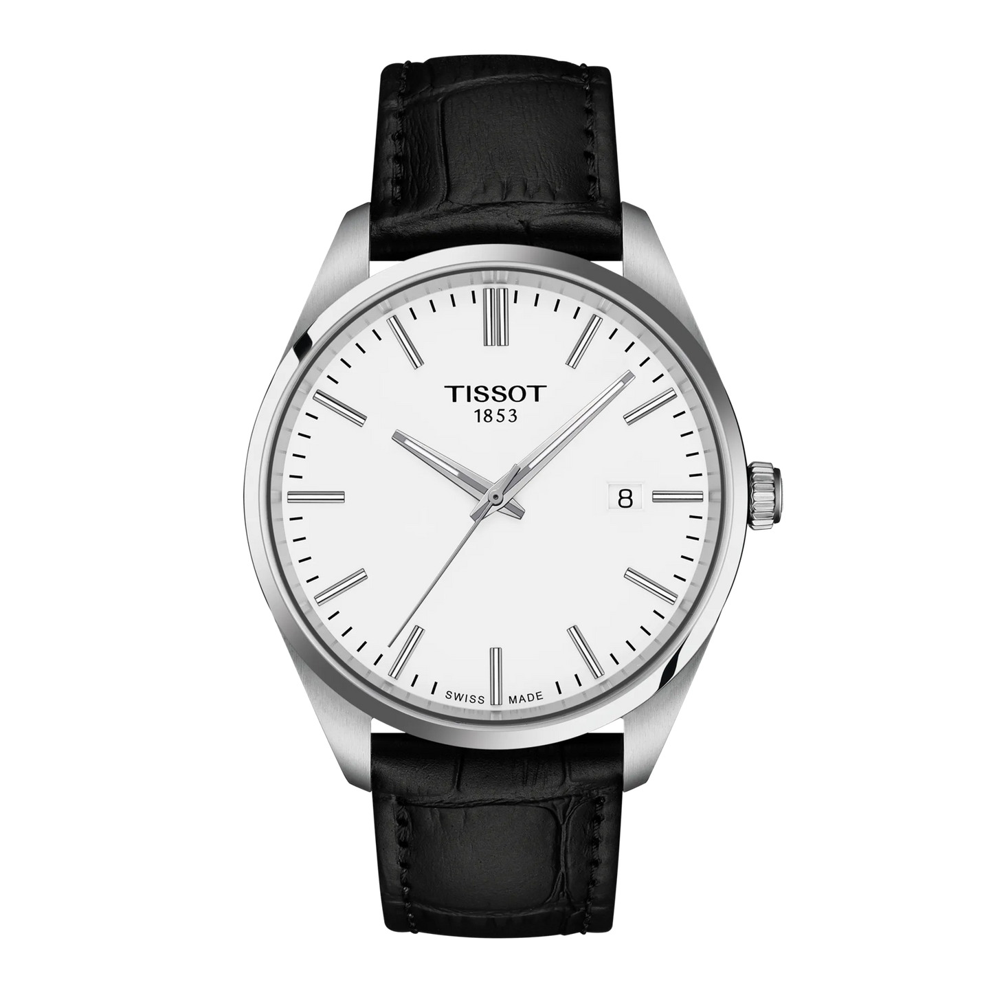 Tissot 40mm Silver Tone PR100, White & Date Dial, Gents Strap Watch