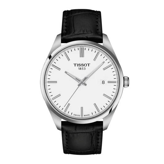 Tissot 40mm Silver Tone PR100, White & Date Dial, Gents Strap Watch