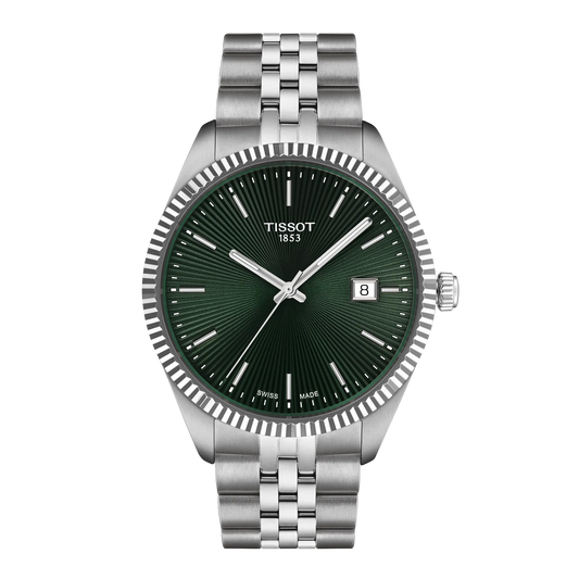 Tissot 40mm Silver Tone Ballade, Green Fluted Dial & Date Dial, Gents Bracelet Watch