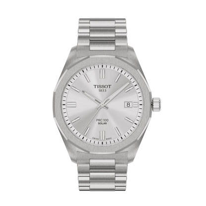 Tissot 39mm PRC 100 Solar, Silver & Date Dial, Bracelet Watch