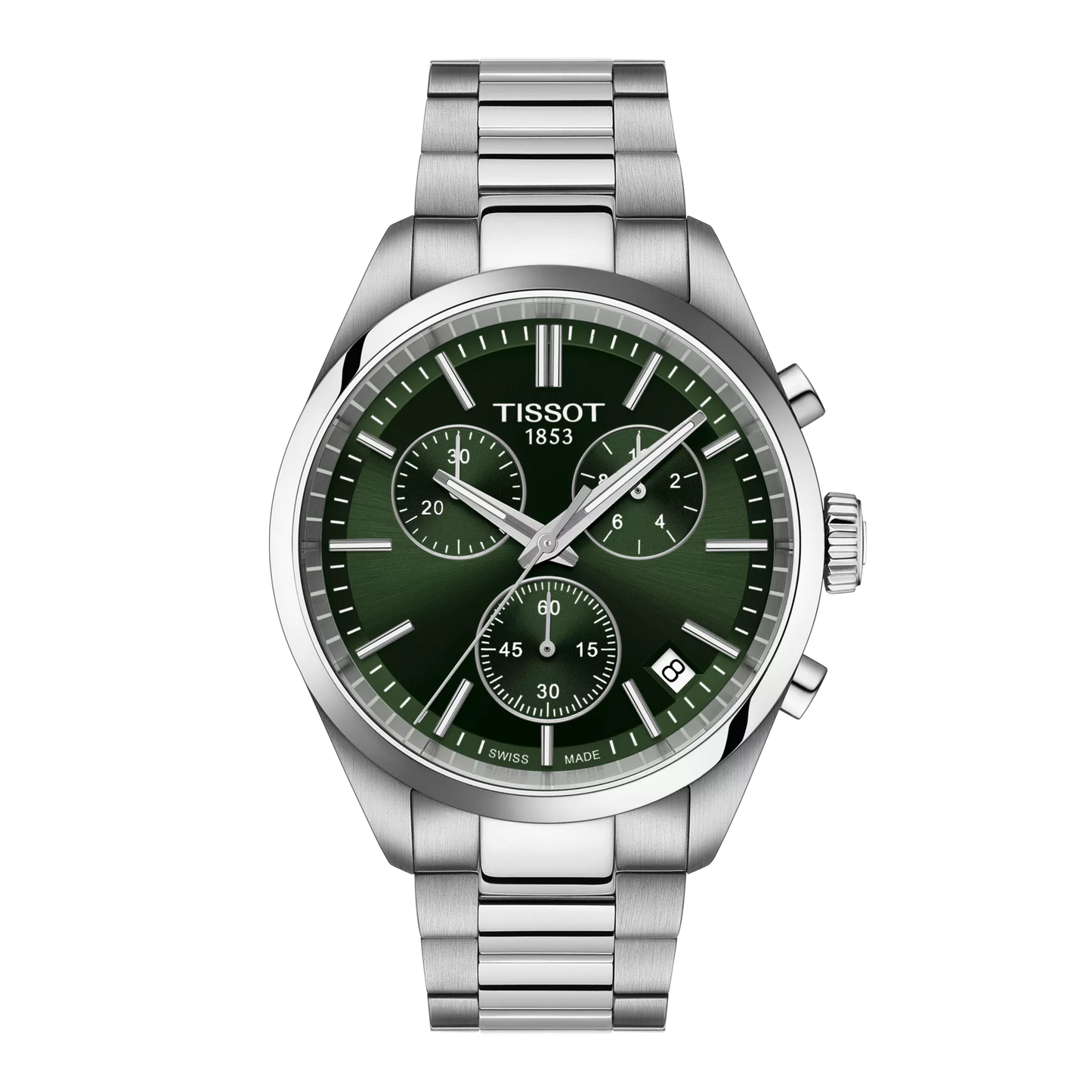 Tissot 40mm Silver Tone PR100, Green Chronograph, Gents Bracelet Watch