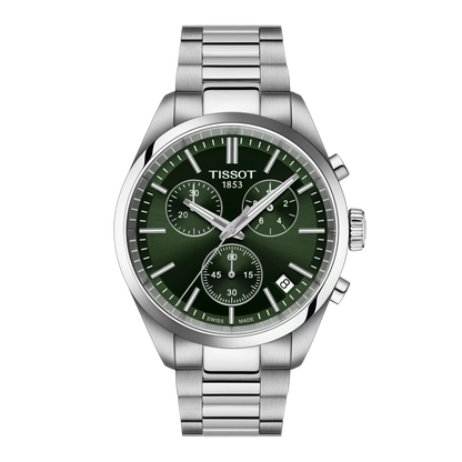 Tissot 40mm Silver Tone PR100, Green Chronograph, Gents Bracelet Watch