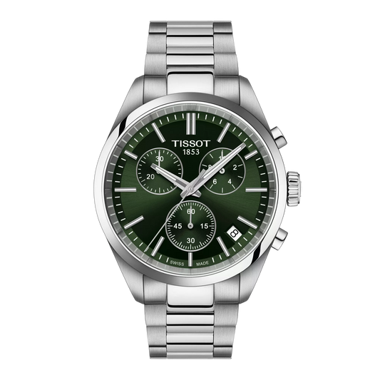 Tissot 40mm Silver Tone PR100, Green Chronograph, Gents Bracelet Watch