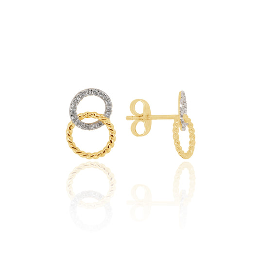 9ct Yellow Gold Double Circle Rope & Diamond Stud Earrings