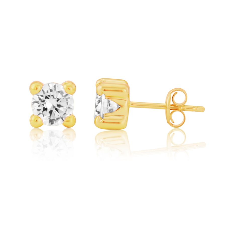 9ct Yellow Gold Round 5mm CZ Claw Set Stud Earrings