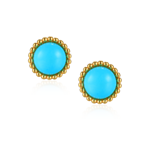 9ct Yellow Gold Cabochon Turquoise Rope Edge 8mm Stud Earrings