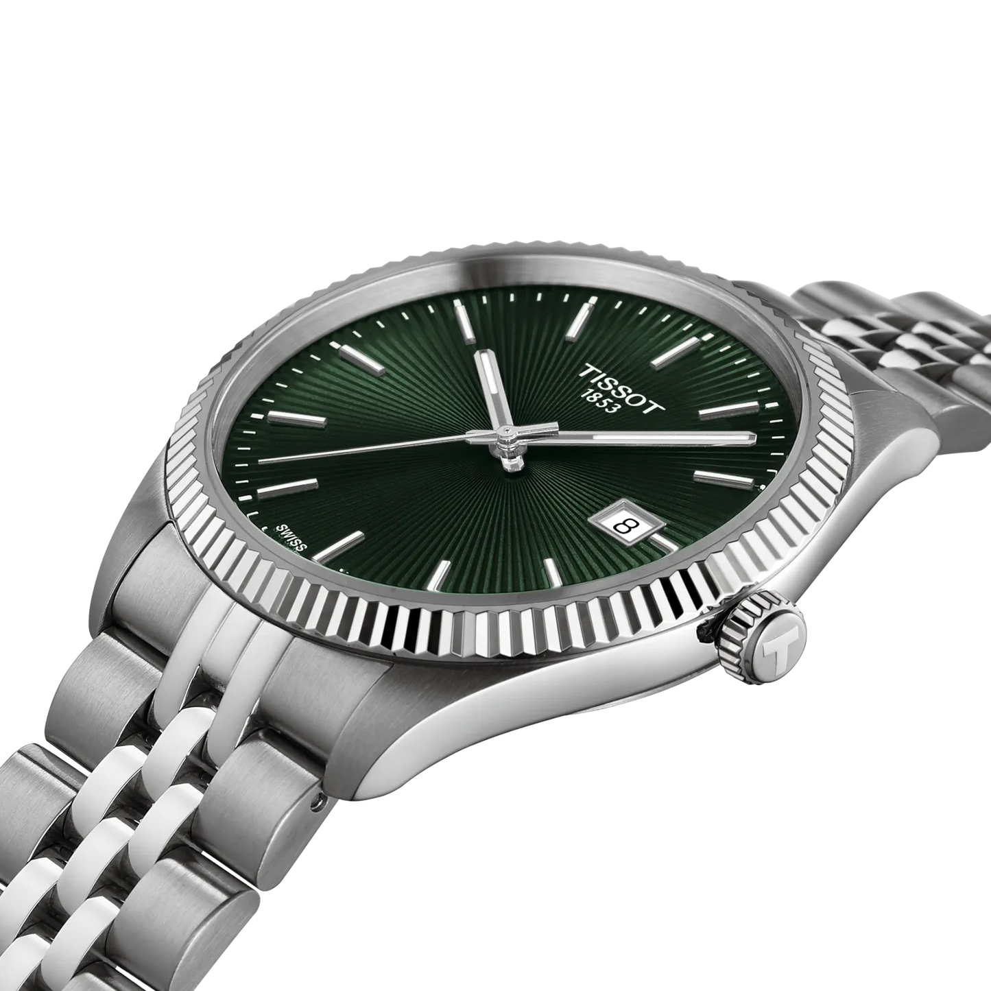 Tissot 40mm Silver Tone Ballade, Green Fluted Dial & Date Dial, Gents Bracelet Watch