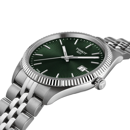 Tissot 40mm Silver Tone Ballade, Green Fluted Dial & Date Dial, Gents Bracelet Watch