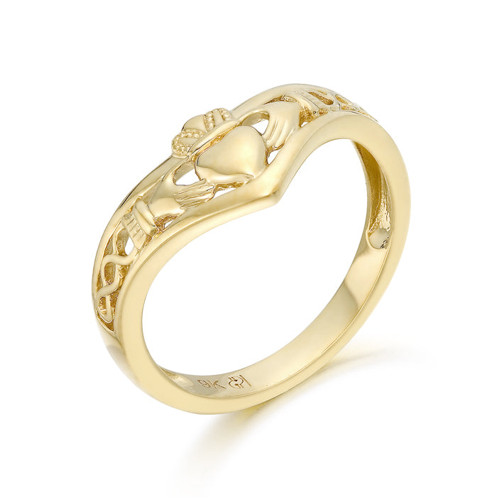 9ct Yellow Gold Claddagh Celtic Knot Wishbone Ring