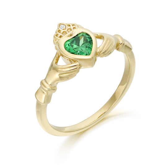 9ct Yellow Gold Claddagh Green Heart & CZ Set Crown Ring