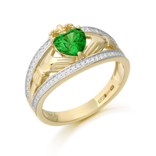 9ct Yellow Gold Three Row Claddagh Green Heart & CZ Shoulder Set Ring