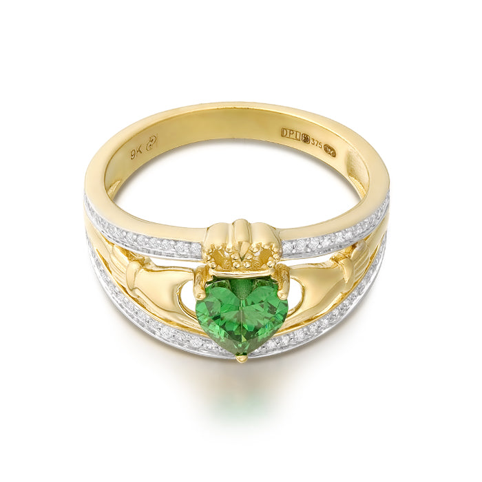 9ct Yellow Gold Three Row Claddagh Green Heart & CZ Shoulder Set Ring