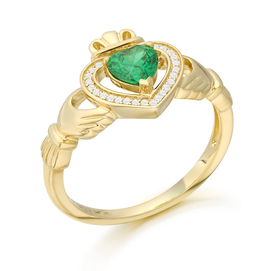 9ct Yellow Gold Claddagh Green Heart & Brilliant CZ Halo Ring